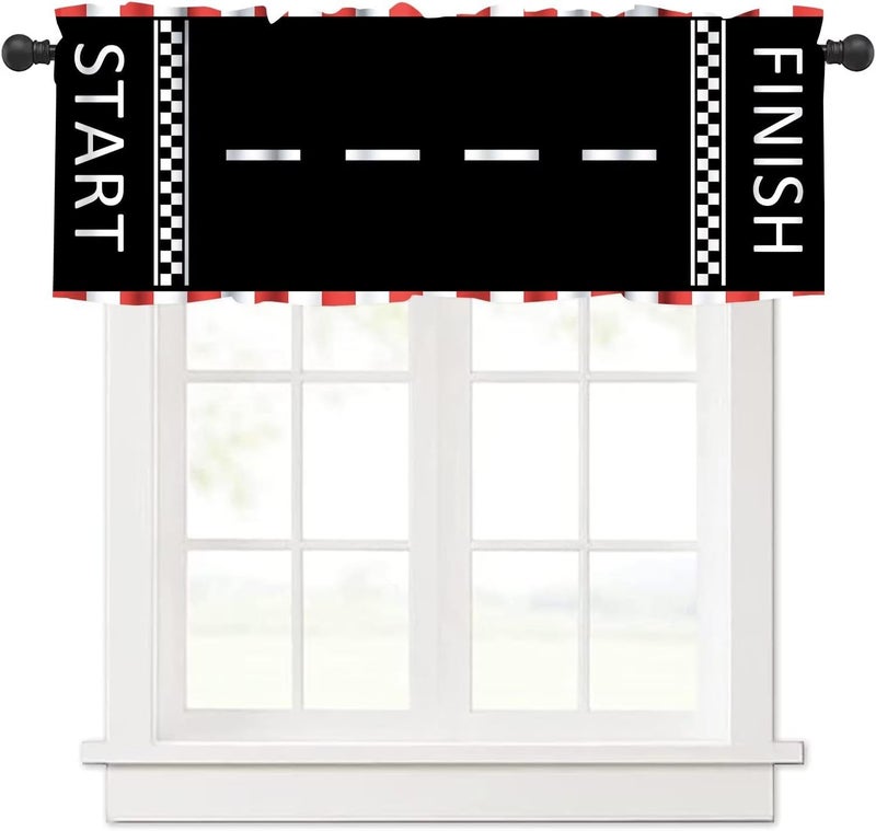 YSWOW Teens Racing Valance Curtain Black White Grid Race Car Track Art Printed Window Drapes for Teens Kids Bedroom Decor W54xL18in Fabric 1 Panel - Image 1